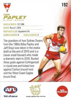 2016 Select AFL Certified #192 Tom Papley Back